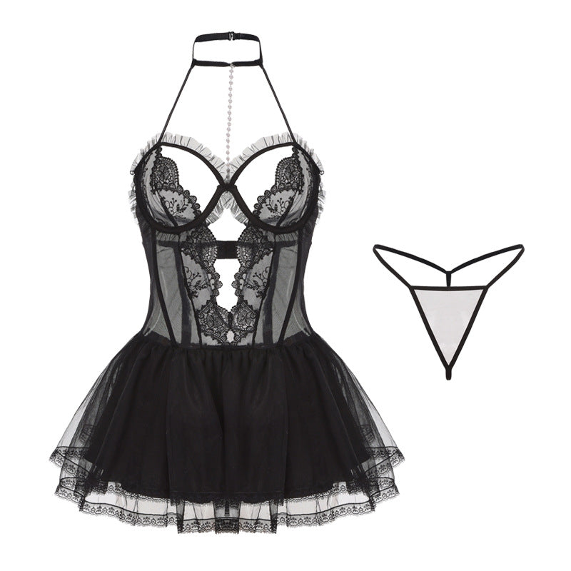 Black Sexy Sheer Lace Nightgown Set Tempting Lingerie Uniform For Women
