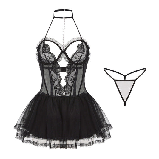 Black Sexy Sheer Lace Nightgown Set Tempting Lingerie Uniform For Women