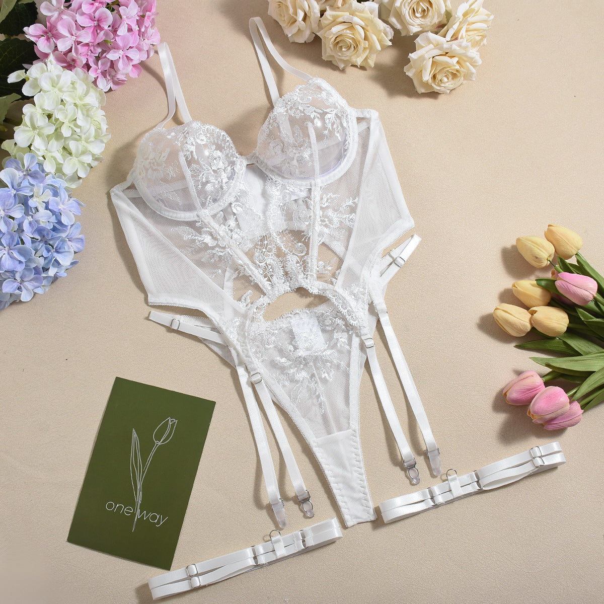 S White 3 Piece Embroidered Lace Lingerie Set With Boned Corset Seductive Elegance