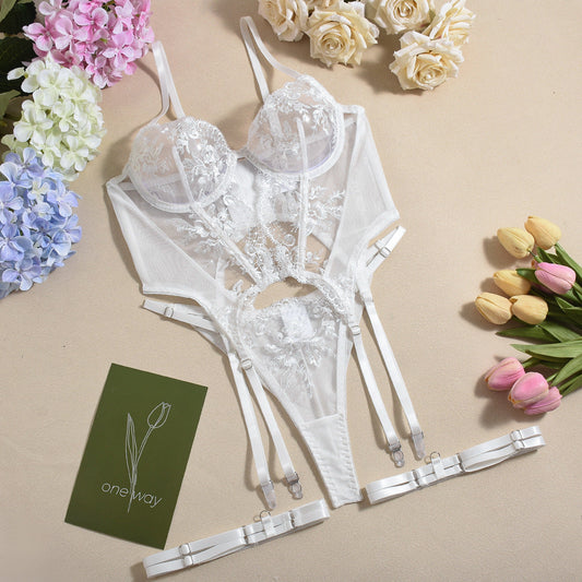 S White 3 Piece Embroidered Lace Lingerie Set With Boned Corset Seductive Elegance