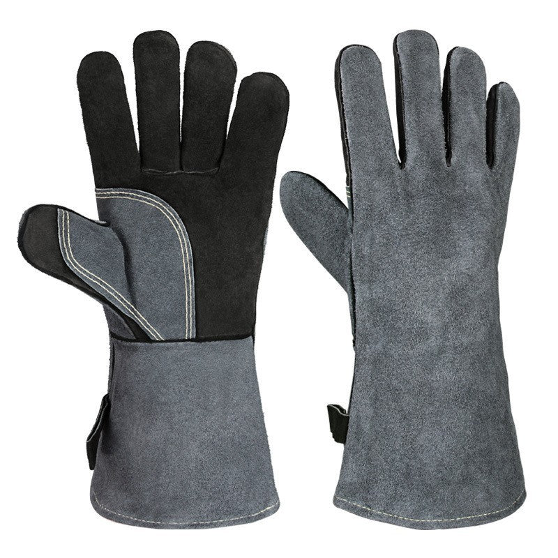 Black Grey 14 Inch Premium Leather Bbq Gloves Heat Resistant Up To 500 Degree