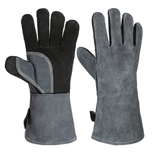Black Grey 14 Inch Premium Leather Bbq Gloves Heat Resistant Up To 500 Degree
