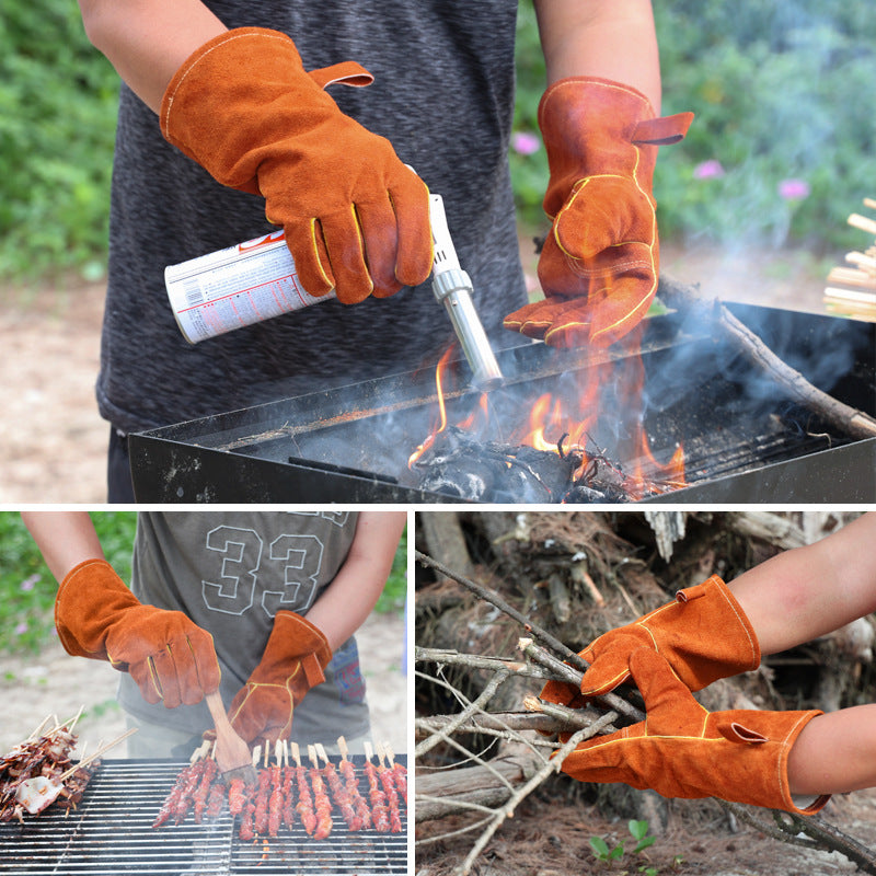Black Grey 14 Inch Premium Leather Bbq Gloves Heat Resistant Up To 500 Degree