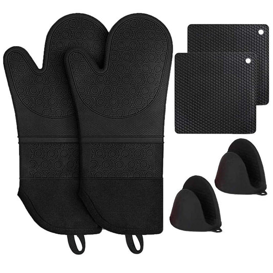 Black Bpa Free Non Slip Silicone Oven Mitts Heat Resistant Gloves With Honeycomb Pattern For Kitchen Safety