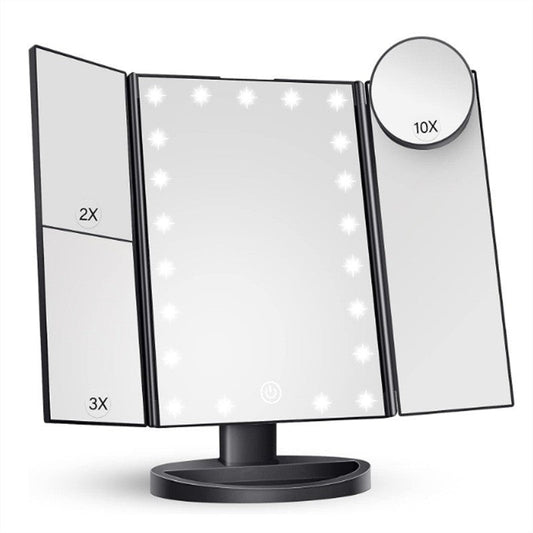 Black Led Lighted Tri-Fold Vanity Mirror With 2X/3X/10X Magnification