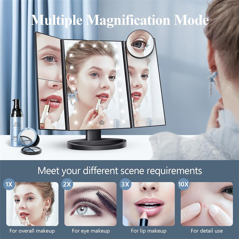 Black Led Lighted Tri-Fold Vanity Mirror With 2X/3X/10X Magnification