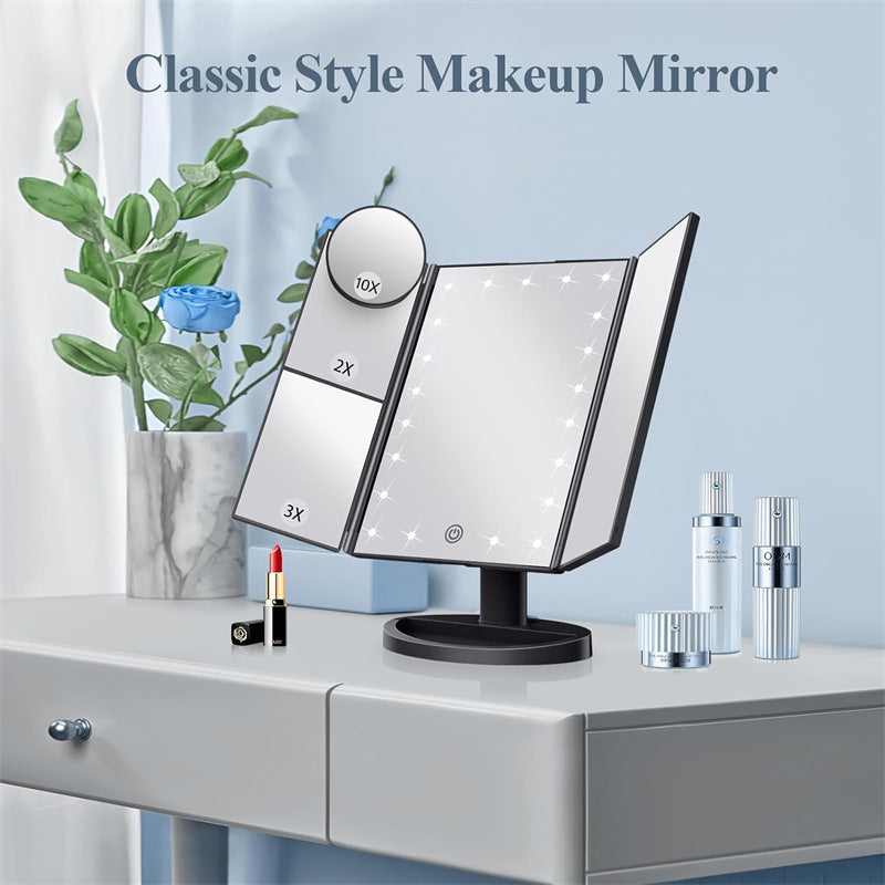 Black Led Lighted Tri-Fold Vanity Mirror With 2X/3X/10X Magnification