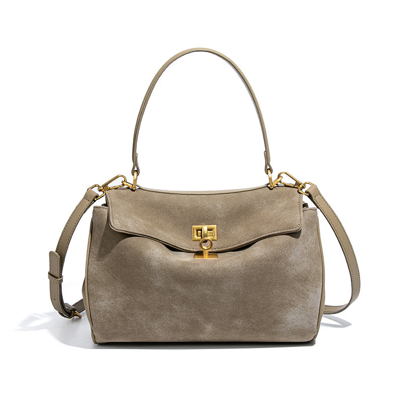 Beige Women's Vintage Suede Satchel Bag Elegant Top Handle Purse With Gold Lock