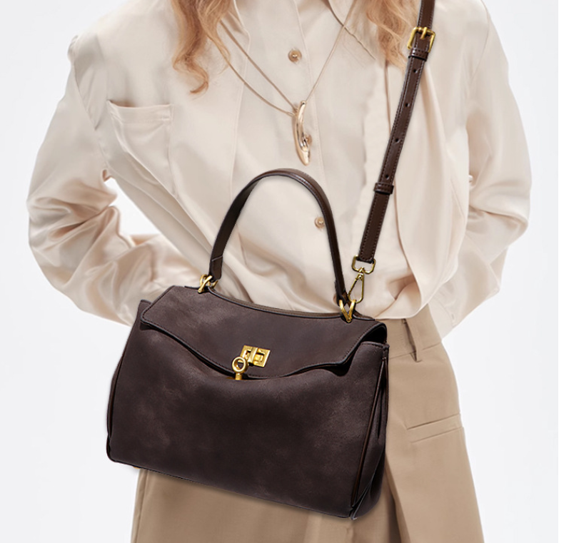 Beige Women's Vintage Suede Satchel Bag Elegant Top Handle Purse With Gold Lock