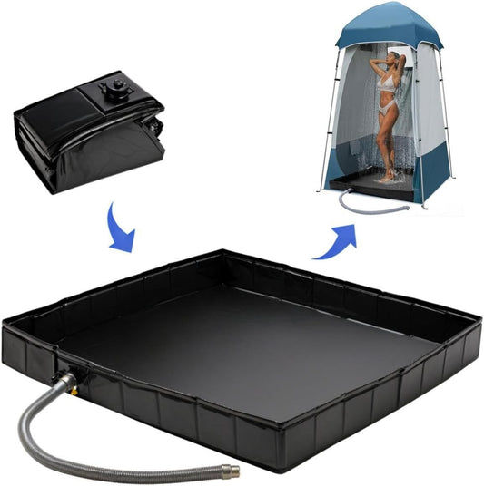 Camping Shower Base - Collapsible Water Containment Tray With Drain For Outdoor Tents