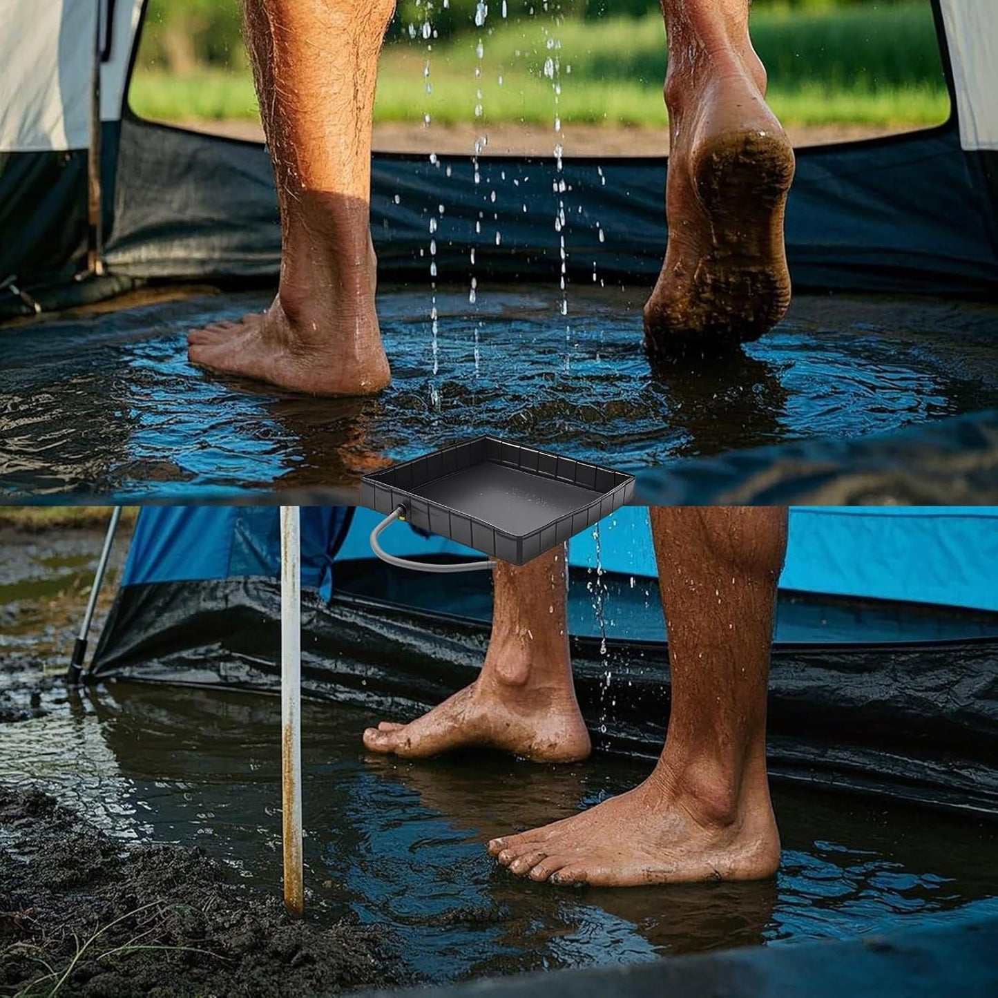 Camping Shower Base - Collapsible Water Containment Tray With Drain For Outdoor Tents