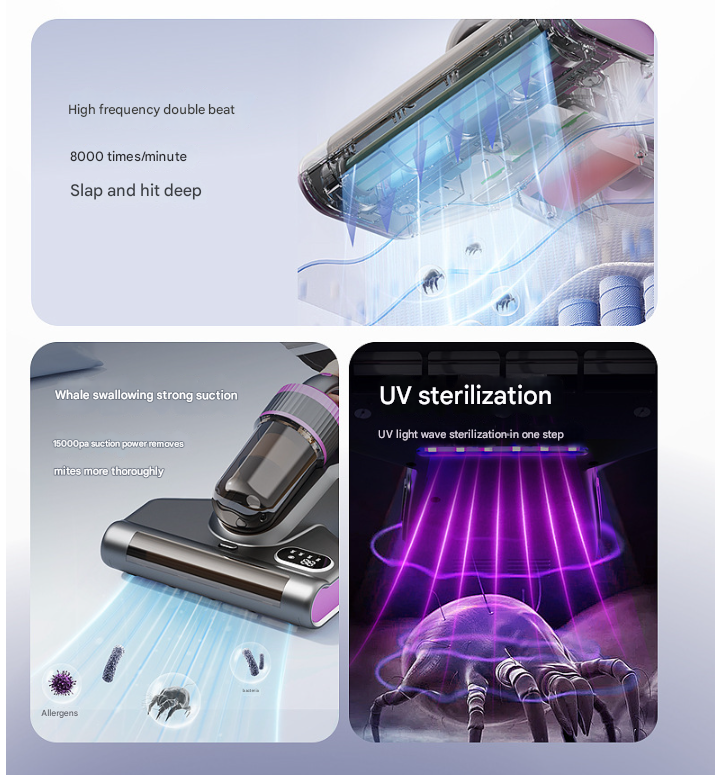 Purple Advanced Cordless Uv Dust Mite Vacuum Handheld Cleaner With Hot Air Pulsating Pads & Led Display