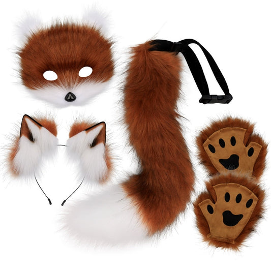 Reddish Brown Halloween Furry Fox Costume Set Plush Mask Ears Headband Tail And Paws For Cosplay