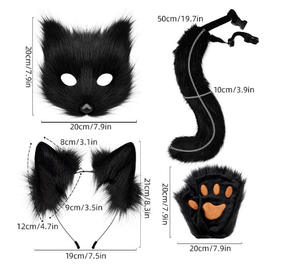 Reddish Brown Halloween Furry Fox Costume Set Plush Mask Ears Headband Tail And Paws For Cosplay