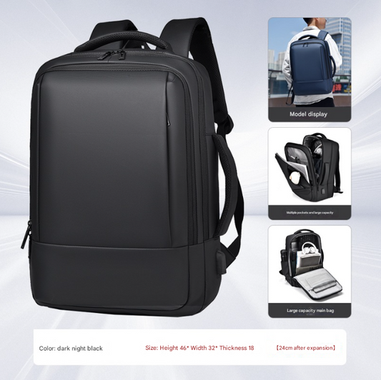 Black Expandable Business Laptop Backpack With Usb Charging Port Large Capacity Work & Travel Bag For 15.6 Inch Laptops