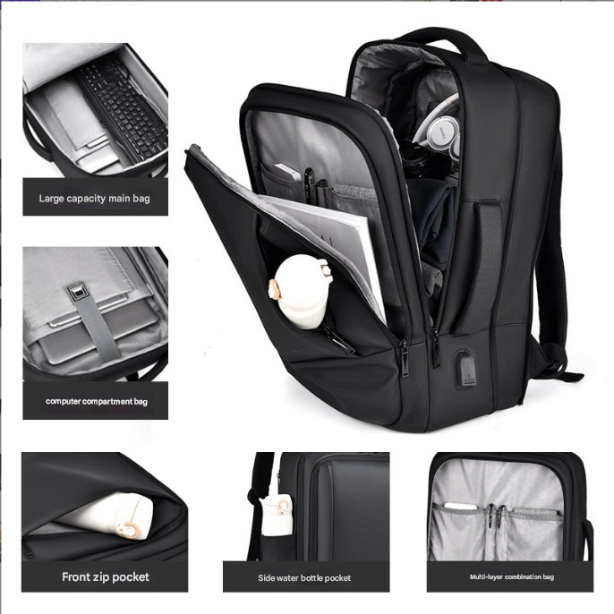 Black Expandable Business Laptop Backpack With Usb Charging Port Large Capacity Work & Travel Bag For 15.6 Inch Laptops