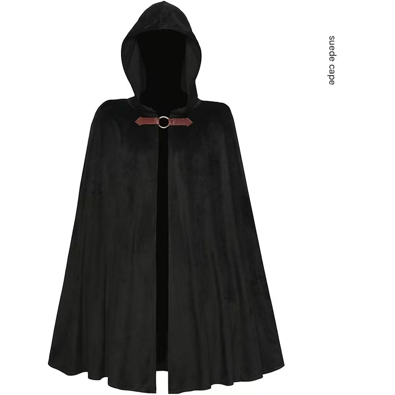Black Shadow Wanderer Hooded Cape Premium Velvet Robe For Jedi Wizard & Medieval Cosplay