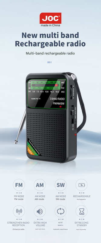 Black Joc Tg 77 Multi Band Rechargeable Radio For Seniors Automatic Channel Search Fm/Am/Sw Bands