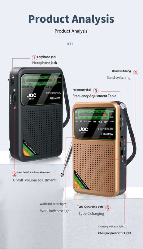 Black Joc Tg 77 Multi Band Rechargeable Radio For Seniors Automatic Channel Search Fm/Am/Sw Bands