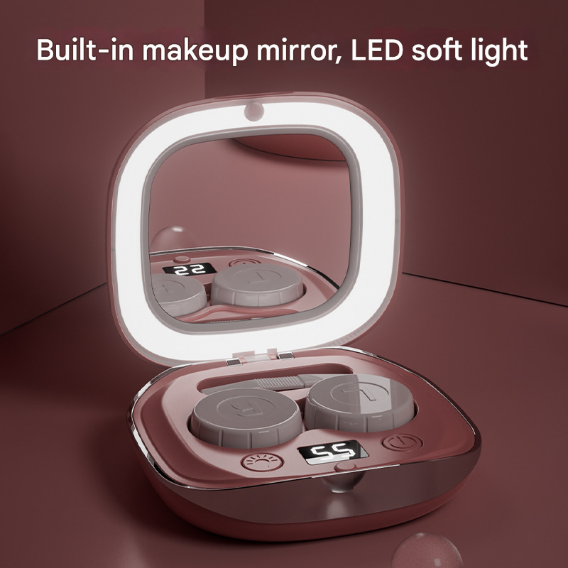 Purple Ultrasonic Contact Lens Cleaner Automatic Electric Cleaning Case With Led Makeup Mirror Usb Rechargeable For Trav
