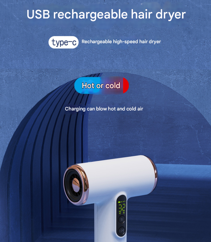 White High Power Cordless Hair Dryer 15600Mah Usb Rechargeable Blow With Hot & Cold Air 3 Speeds Heat Settings