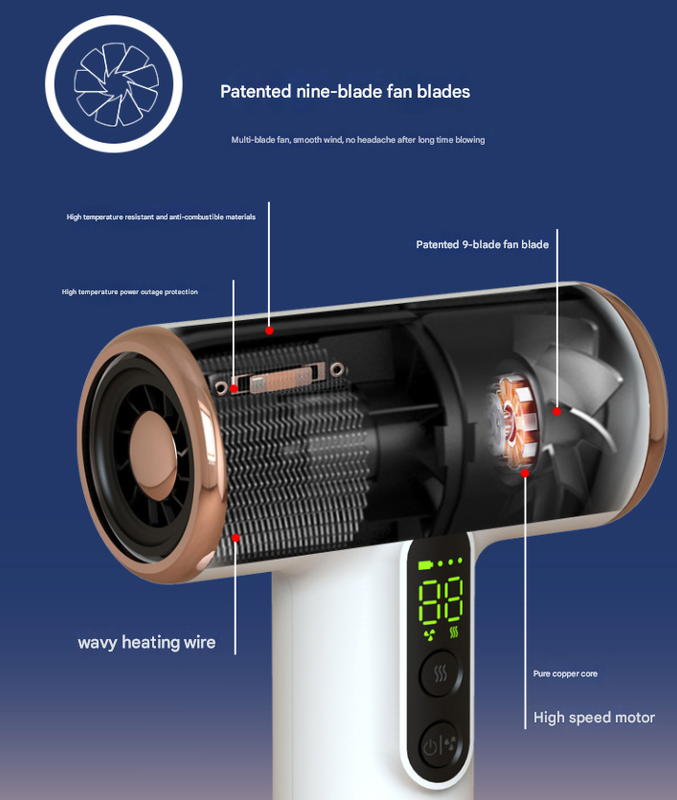 White High Power Cordless Hair Dryer 15600Mah Usb Rechargeable Blow With Hot & Cold Air 3 Speeds Heat Settings