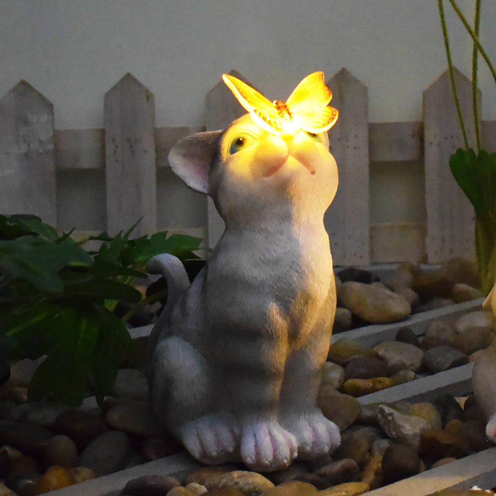 Cats And Butterflies Charming Solar Powered Animal Garden Statue Waterproof Resin Figurine With Glowing Led Accents