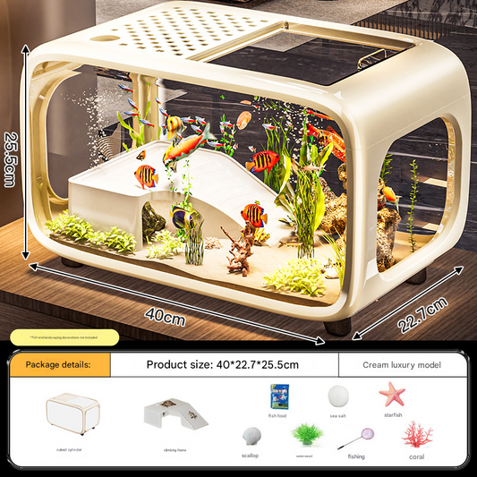 Cream Color Modern Desktop Aquarium & Turtle Tank Panoramic Viewing Fish With Basking Platform Lid