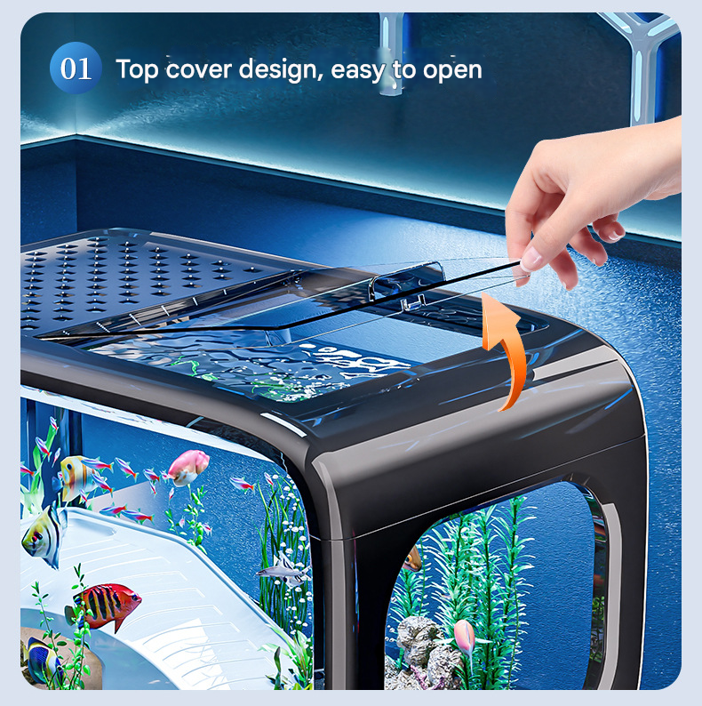 Cream Color Modern Desktop Aquarium & Turtle Tank Panoramic Viewing Fish With Basking Platform Lid