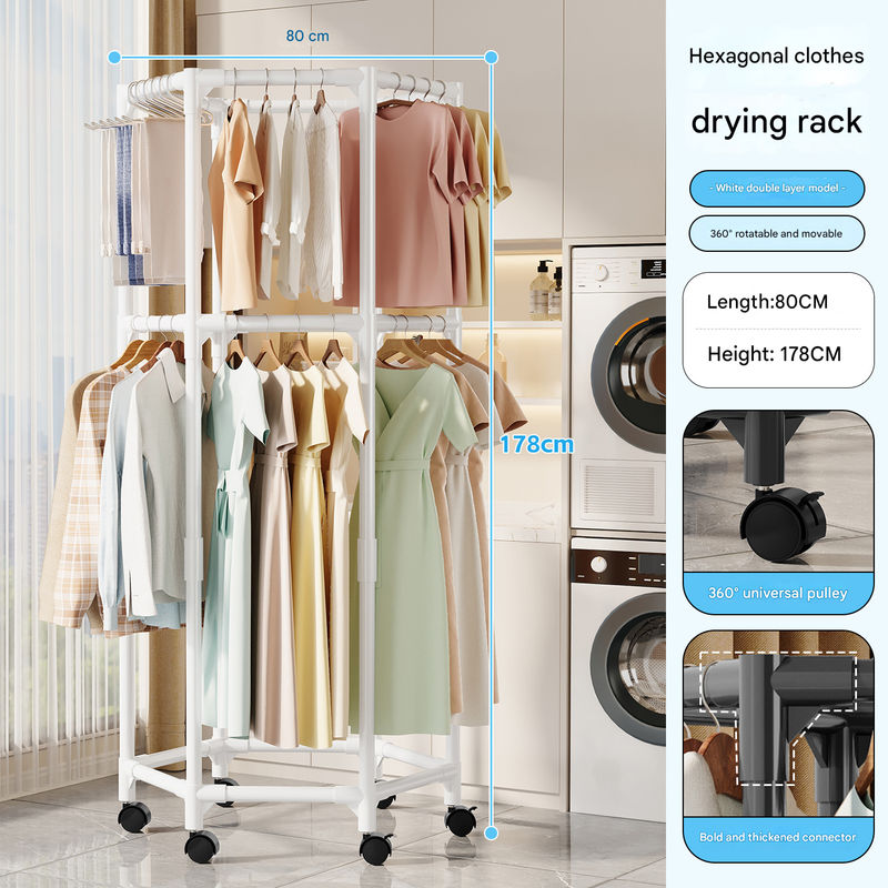 White Double Layer 360 Rotating Portable Garment Rack - Heavy Duty Rolling Clothes Stand With Wheels For Bedroom & Laund
