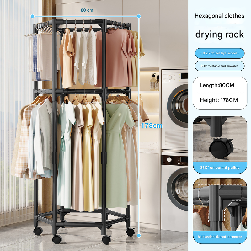 Black Double Layer 360A Rotating Portable Garment Rack Heavy Duty Rolling Clothes Stand With Wheels For Bedroom & Laundr