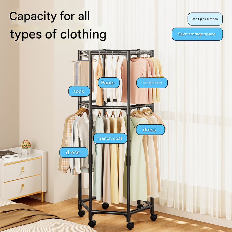 Black Double Layer 360A Rotating Portable Garment Rack Heavy Duty Rolling Clothes Stand With Wheels For Bedroom & Laundr