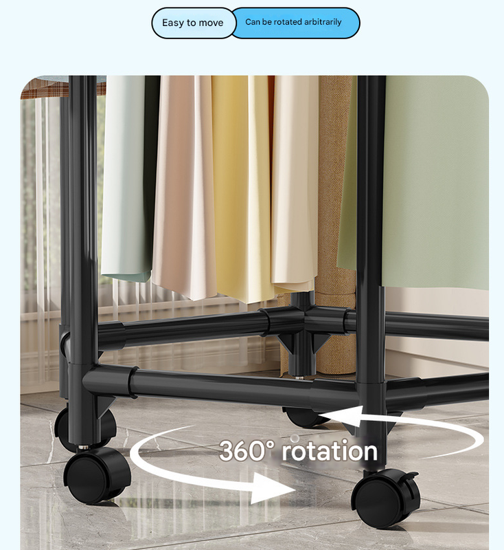 Black Double Layer 360A Rotating Portable Garment Rack Heavy Duty Rolling Clothes Stand With Wheels For Bedroom & Laundr