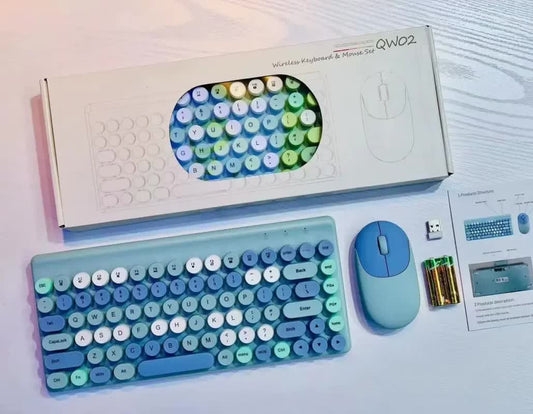 Blue Wireless Keyboard Mouse Combo Retro Round Keycaps 2.4Ghz Ergonomic Design