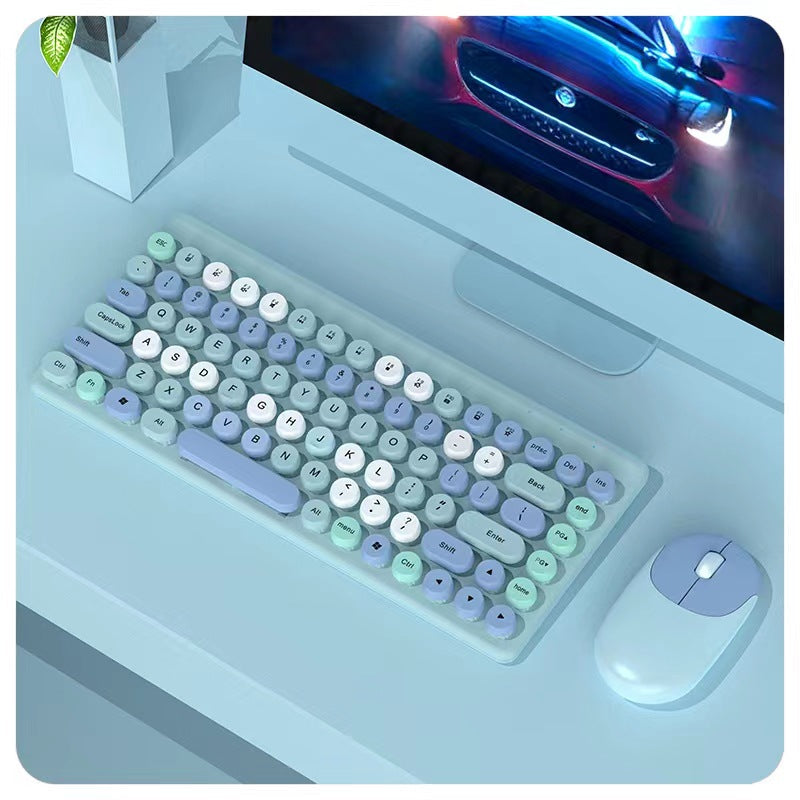 Blue Wireless Keyboard Mouse Combo Retro Round Keycaps 2.4Ghz Ergonomic Design
