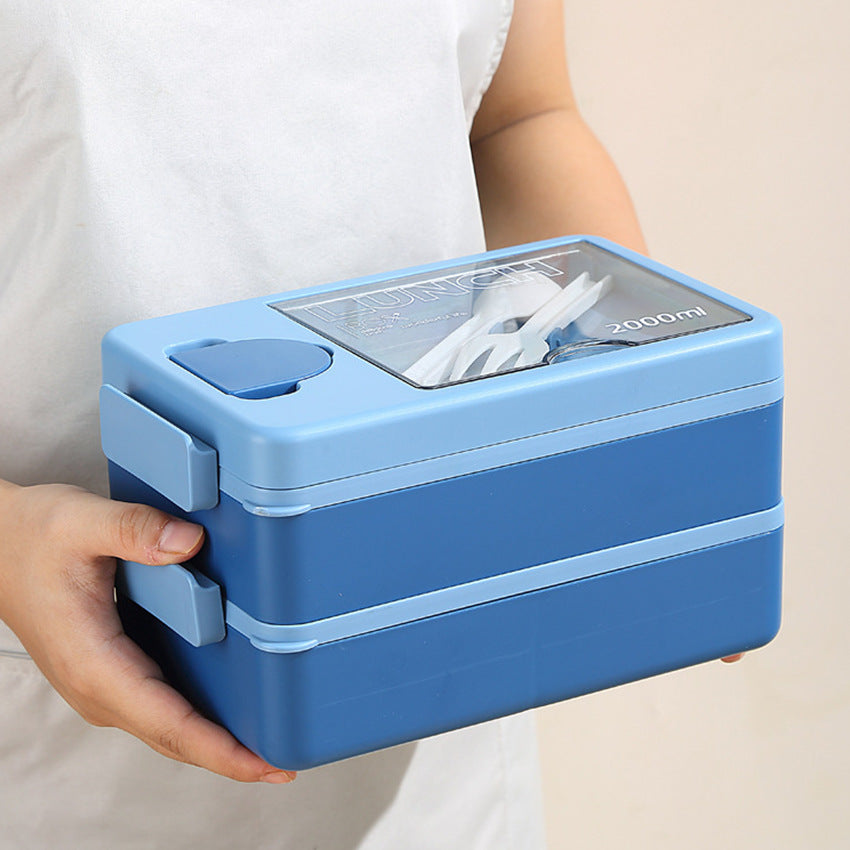 2L Double Layer Bento Lunch Box Leak Proof With Utensil & Sauce Container(Blue)