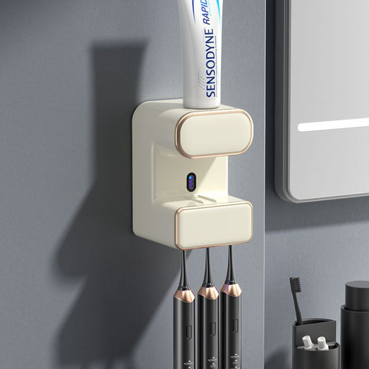 Automatic Toothpaste Dispenser With Uvc Toothbrush Sterilizer & Holder - Wall Mounted Rechargeable(Beige)