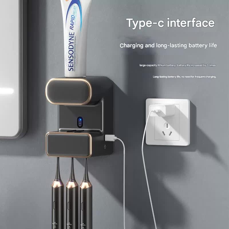 Automatic Toothpaste Dispenser With Uvc Toothbrush Sterilizer & Holder - Wall Mounted Rechargeable(Beige)