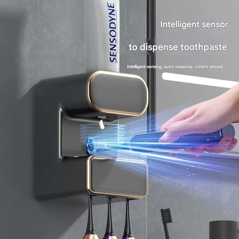 Automatic Toothpaste Dispenser With Uvc Toothbrush Sterilizer & Holder - Wall Mounted Rechargeable(Beige)