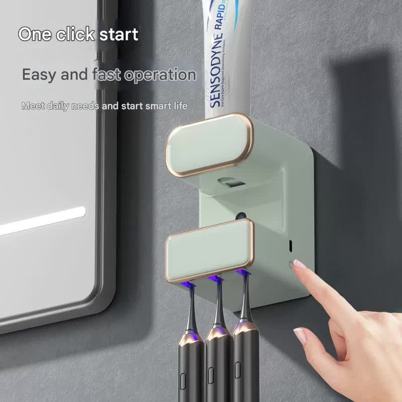 Automatic Toothpaste Dispenser With Uvc Toothbrush Sterilizer & Holder - Wall Mounted Rechargeable(Beige)