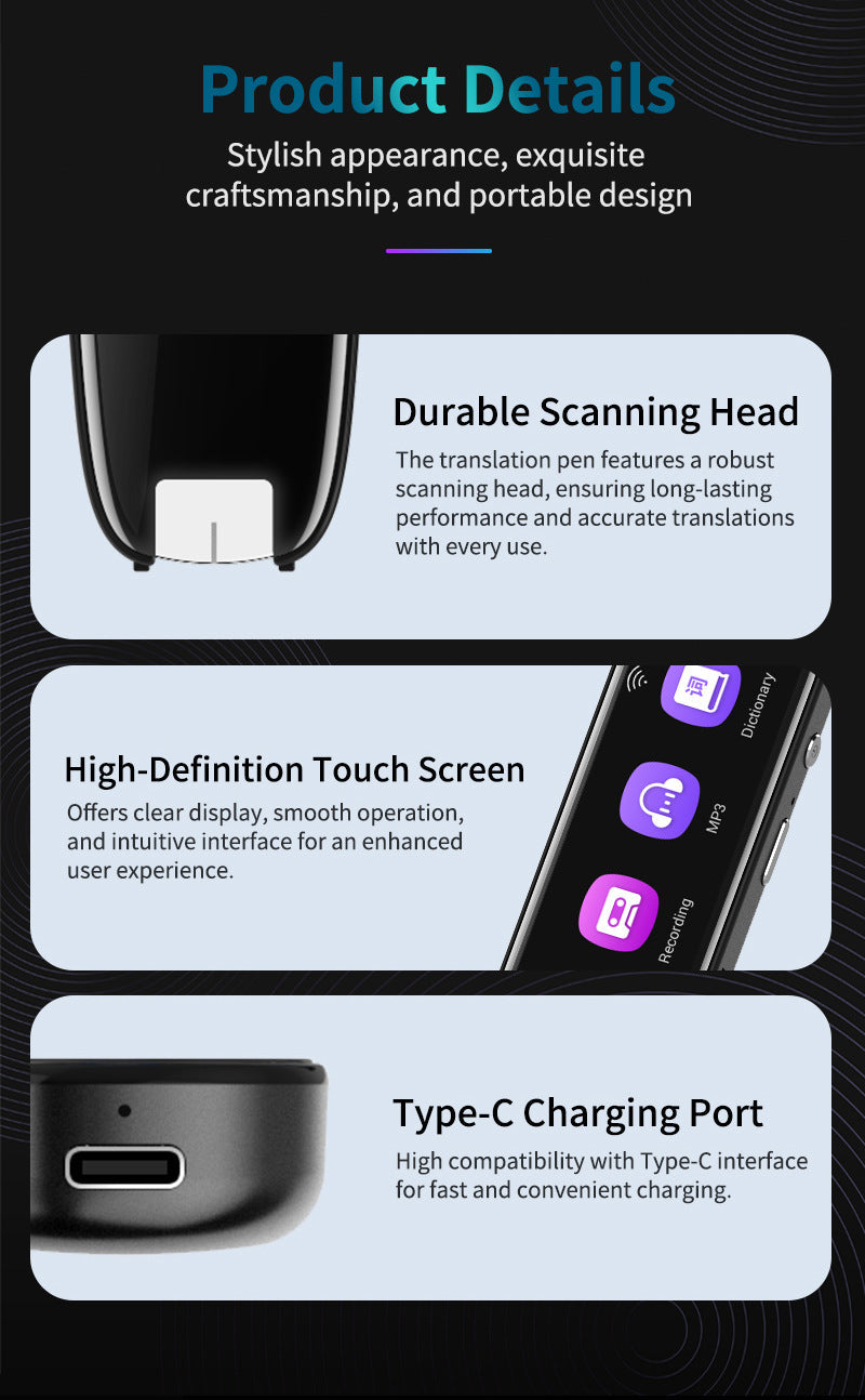 Smart Ai Scan & Voice Translator Pen 112+ Languages Offline Mode Hd Touchscreen Dictionary(Black)