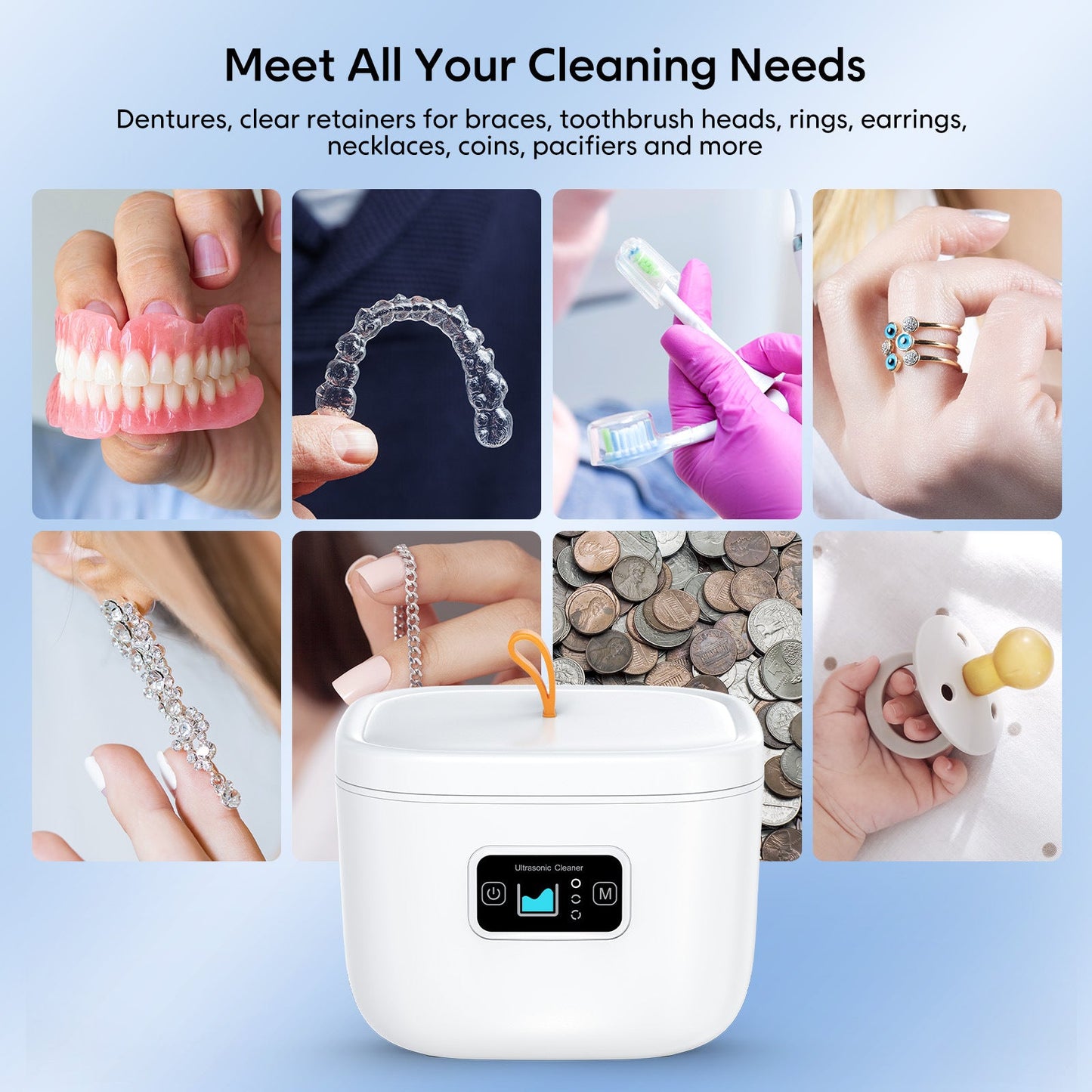 Professional Ultrasonic Cleaner With Uv Light - 45000Hz For Dentures Retainers Jewelry & More(White)