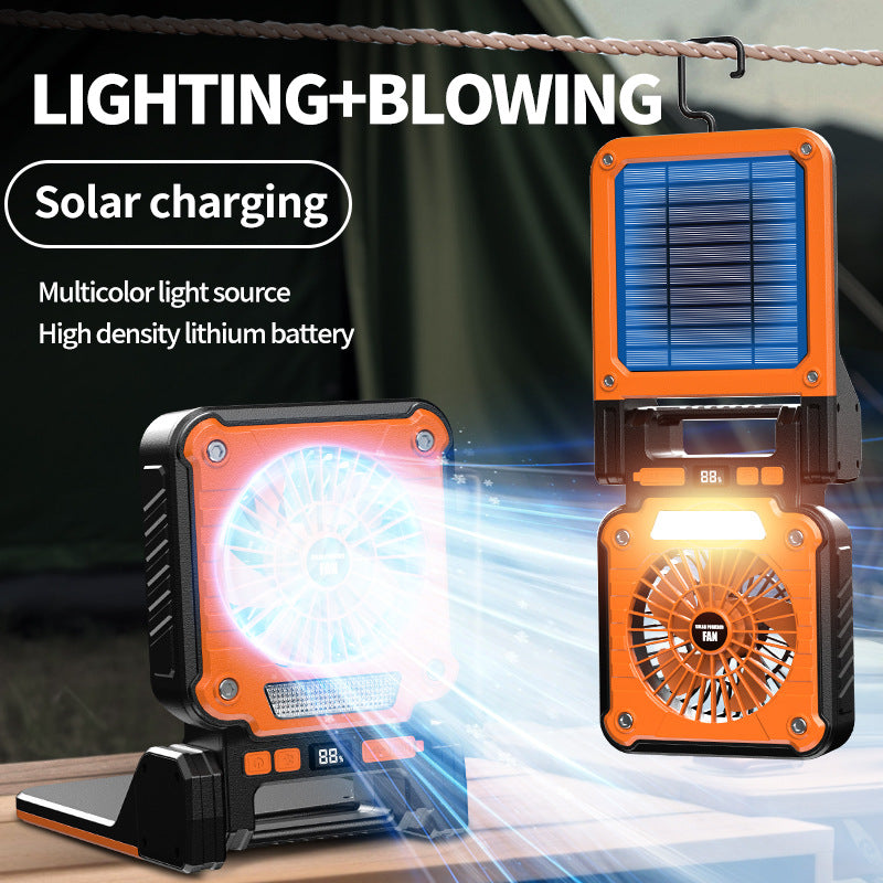 Solar Usb Rechargeable Camping Fan With Led Light Portable Power Bank 180 Collapsible Orange