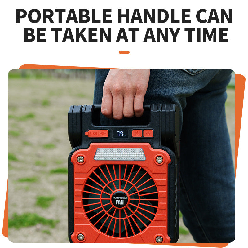 Solar Usb Rechargeable Camping Fan With Led Light Portable Power Bank 180 Collapsible Orange
