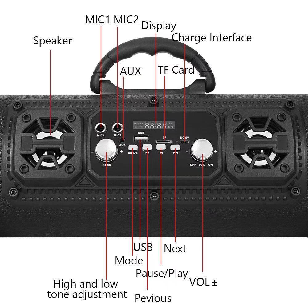 Wireless Fm Radio Usb/Tf Playback Aux Input Microphone Support & 2000Mah Battery(Black)