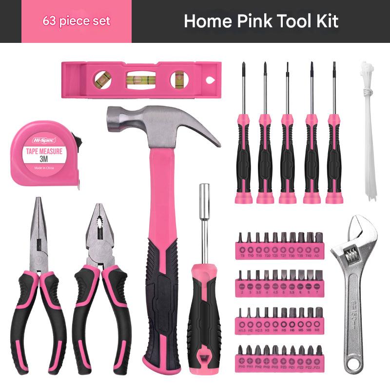 63 Piece Essential Home Repair Tool Kit With Portable Zipper Case(Pink)