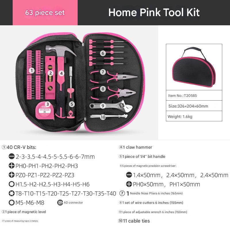 63 Piece Essential Home Repair Tool Kit With Portable Zipper Case(Pink)