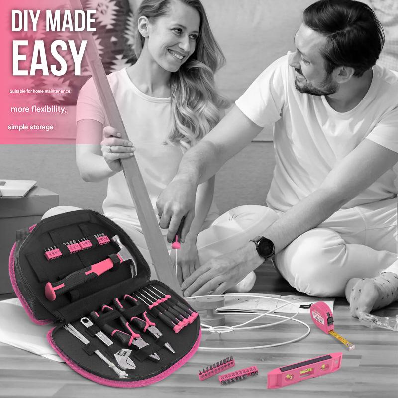 63 Piece Essential Home Repair Tool Kit With Portable Zipper Case(Pink)