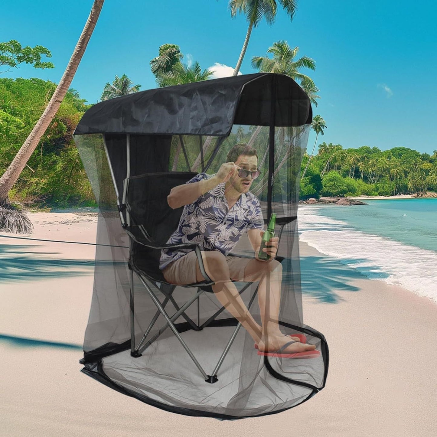 Outdoor Chair Cover With Mosquito Net & Sun Canopy Uv Water Resistant Shelter For Camping Fishing(Black 185*125*205Cm)