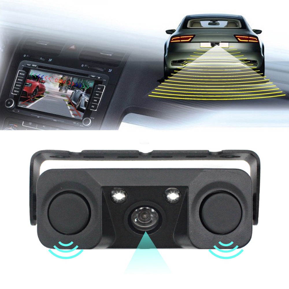 3 In 1 Car Reversing Camera & Parking Sensor System With Monitor License Plate Frame Mount Waterproof Night Vision(Black